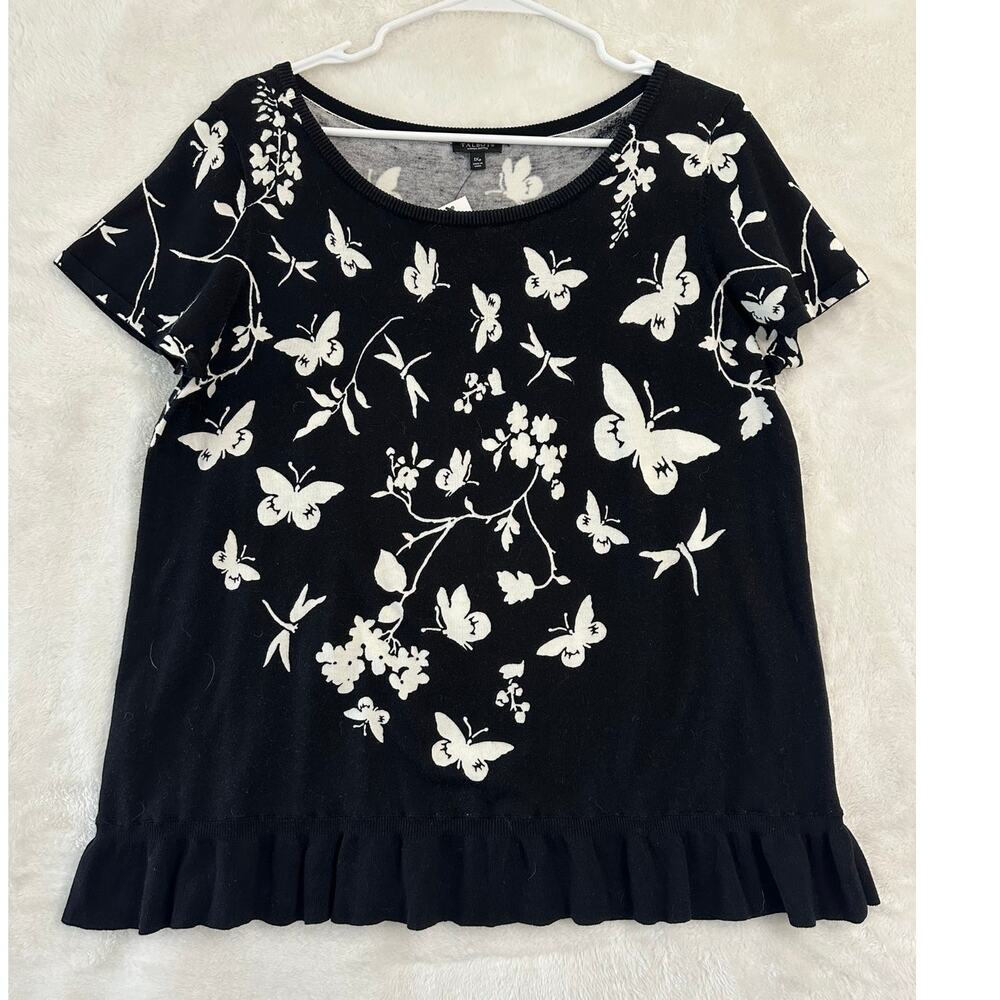 NWT Talbots Black Butterfly Dragonfly Knit Top 1XP 1X P Ruffle